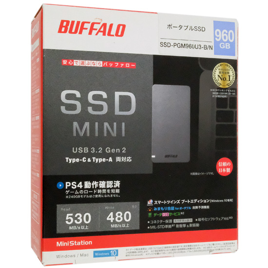 【中古】BUFFALO　外付けSSD　SSD-PGM960U3-B/N　960GB　ブラック　9000〜10000時間以内 元箱あり