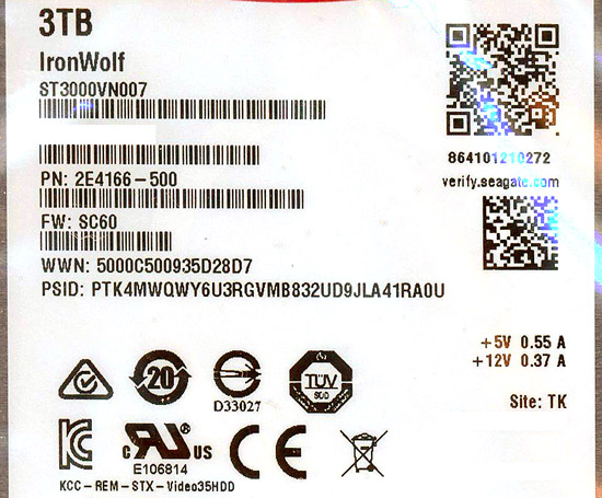 【中古】SEAGATE HDD　ST3000VN007　3TB SATA600 5900　100〜200時間以内