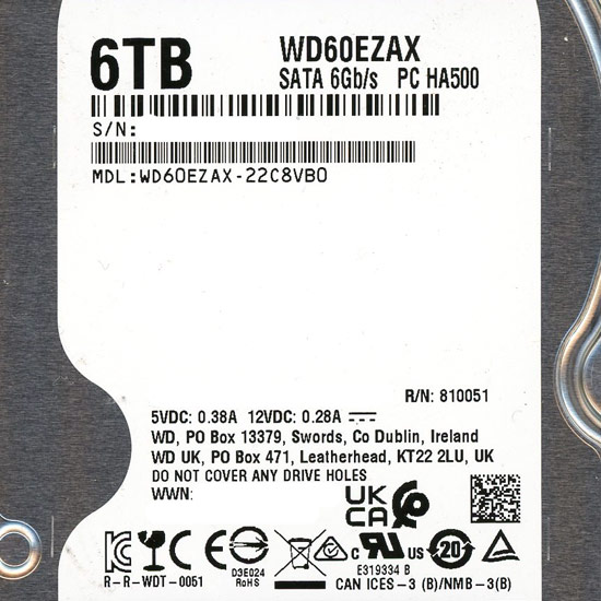 【中古】Western Digital HDD　WD60EZAX　6TB SATA600 5400　200〜500時間以内