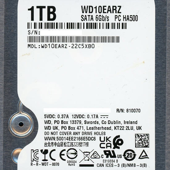 【中古】Western Digital HDD　WD10EARZ　1TB SATA600 5400　3000〜4000時間以内
