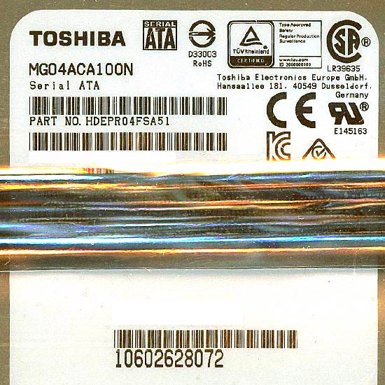 【中古】TOSHIBA HDD　MG04ACA100N　1TB SATA600 7200　0〜100時間以内