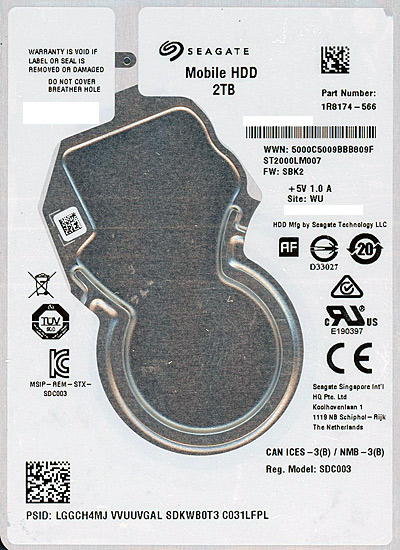 【中古】SEAGATE HDD　ST2000LM007　2TB SATA600 5400　0〜100時間以内