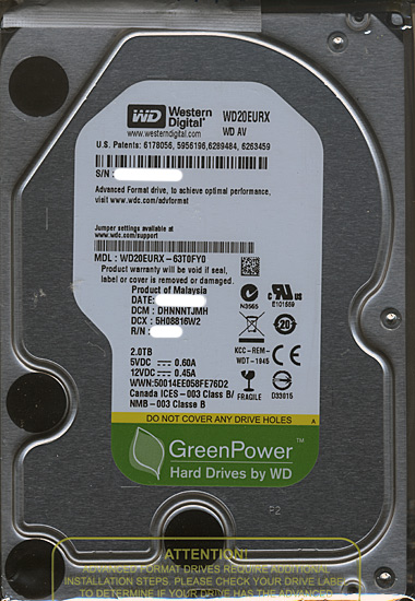 【中古】Western Digital HDD　WD20EURX　2TB SATA600　0〜100時間以内　本体いたみ