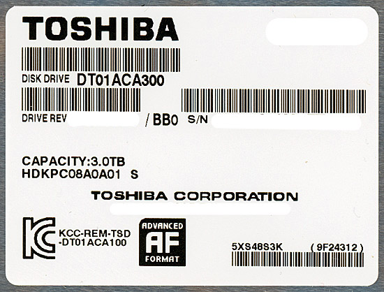 【中古】TOSHIBA HDD　DT01ACA300　3TB SATA600 7200　95000〜96000時間以内