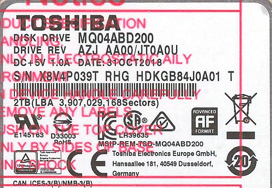 【中古】TOSHIBA(東芝) ノート用HDD 2.5inch　MQ04ABD200　2TB 9.5mm　1000〜2000時間以内