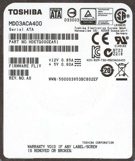 【中古】TOSHIBA HDD　MD03ACA400　4TB SATA600 7200　100〜200時間以内