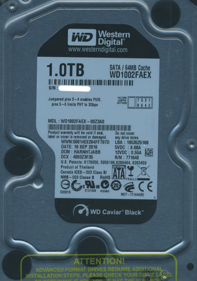 【中古】Western Digital HDD　WD1002FAEX　1TB SATA600 7200　5000〜6000時間以内
