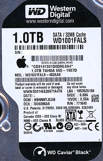 【中古】Western Digital HDD　WD1001FALS　1TB SATA300 7200　8000〜9000時間以内