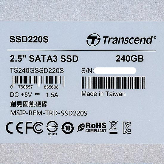 【中古】Transcend　2.5インチSATA SSD　TS240GSSD220S　240GB　3000〜4000時間以内
