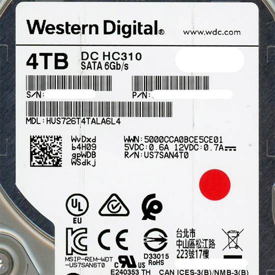 【中古】Western Digital HDD　HUS726T4TALA6L4　4TB SATA600 7200　37000〜38000時間以内