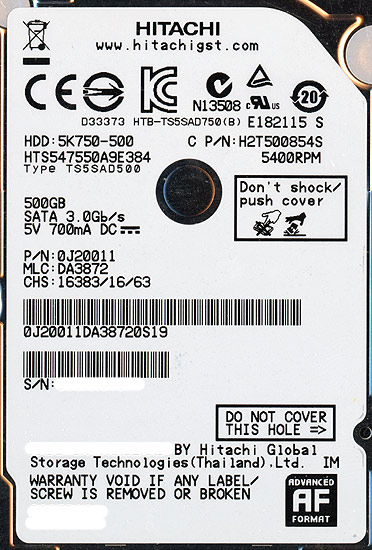 【中古】HITACHI ノート用HDD 2.5inch　HTS547550A9E384　500GB　0〜100時間以内