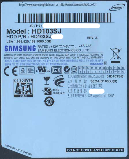 【中古】Samsung HDD　HD103SJ　1.0TB SATA300 7200rpm　5000〜6000時間以内