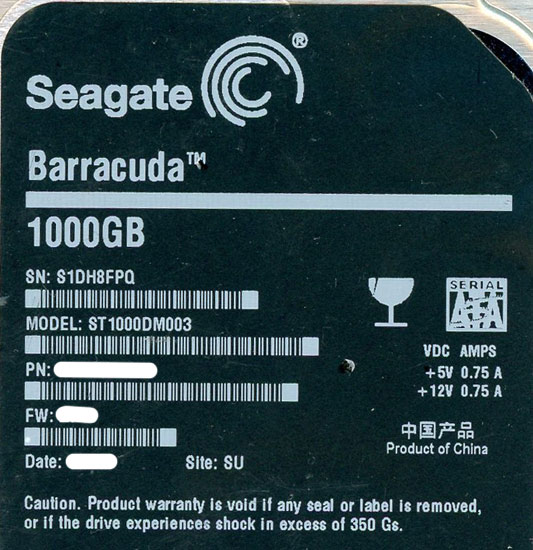 【中古】SEAGATE HDD　ST1000DM003　1TB SATA600 7200　6000〜7000時間以内
