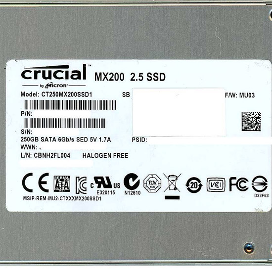 【中古】crucial　内蔵SSD Crucial MX200 CT250MX200SSD1　250GB　1000〜2000時間以内