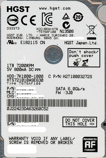 【中古】HGST HDD 2.5inch　HTS721010A9E630　1TB 9.5mm　500〜1000時間以内