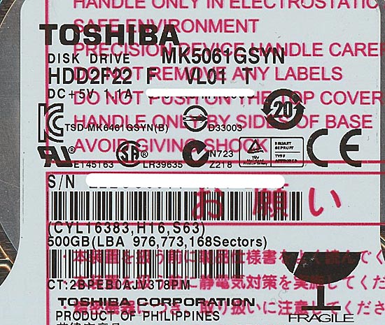 【中古】TOSHIBA(東芝) ノート用HDD 2.5inch　MK5061GSYN　500GB 9.5mm　1000〜2000時間以内