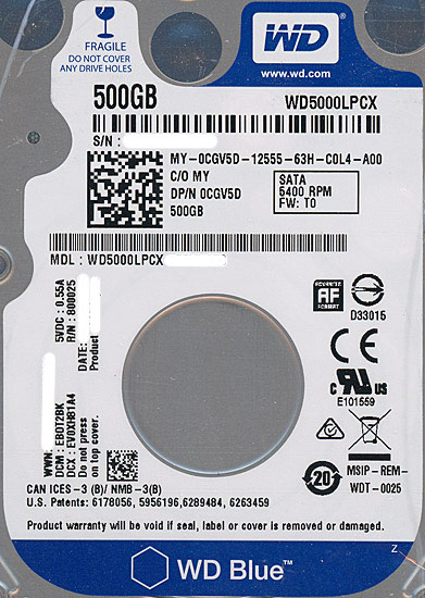 【中古】Western Digital HDD　WD5000LPCX　500GB SATA600　5000〜6000時間以内
