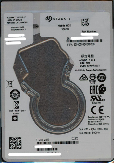 【中古】SEAGATE ノート用HDD 2.5inch　ST500LM030 500GB 7mm　2000〜3000時間以内