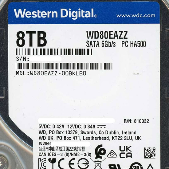 【中古】Western Digital HDD　WD80EAZZ　8TB SATA600 5640　2000〜3000時間以内