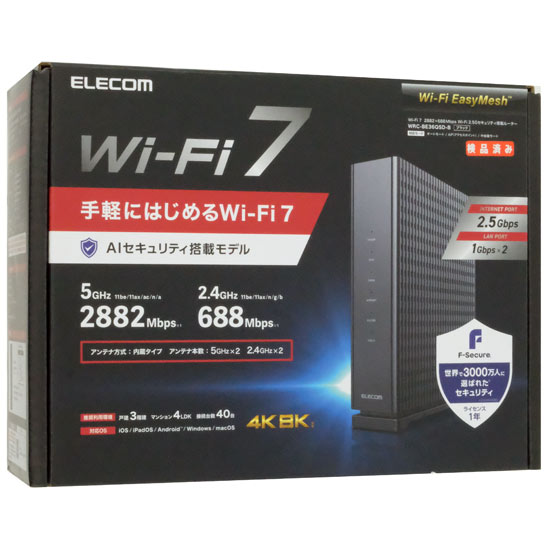 【中古】エレコム　Wi-Fi 7 2882+688Mbps セキュリティ搭載2.5Gルーター WRC-BE36QSD-B　ブラック 元箱あり
