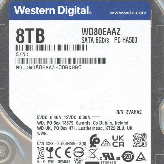 【中古】Western Digital HDD　WD80EAAZ　8TB SATA600 5640　3000〜4000時間以内