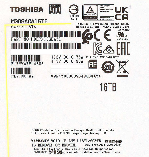 【中古】TOSHIBA HDD　MG08ACA16TE　16TB SATA600 7200　27000〜28000時間以内