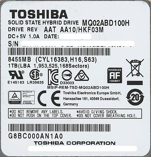 【中古】TOSHIBA(東芝) ノート用HDD 2.5inch　MQ02ABD100H　1TB　200〜500時間以内
