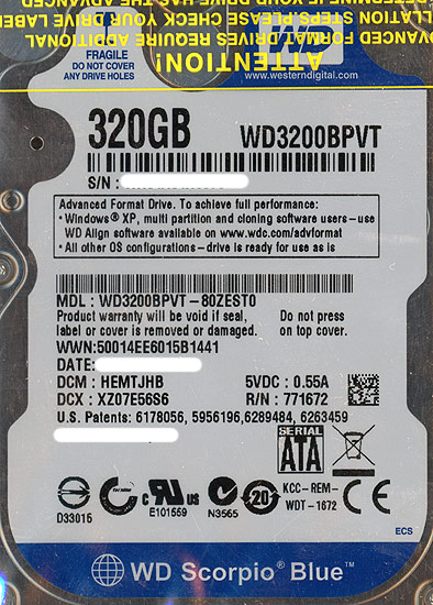 【中古】WesternDigital HDD 2.5inch　WD3200BPVT　320GB 9.5mm　12000〜13000時間以内