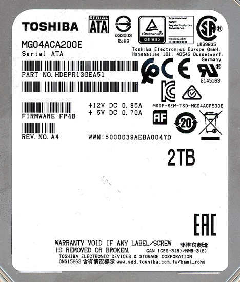 【中古】TOSHIBA HDD　MG04ACA200E　2TB SATA600 7200　11000〜12000時間以内
