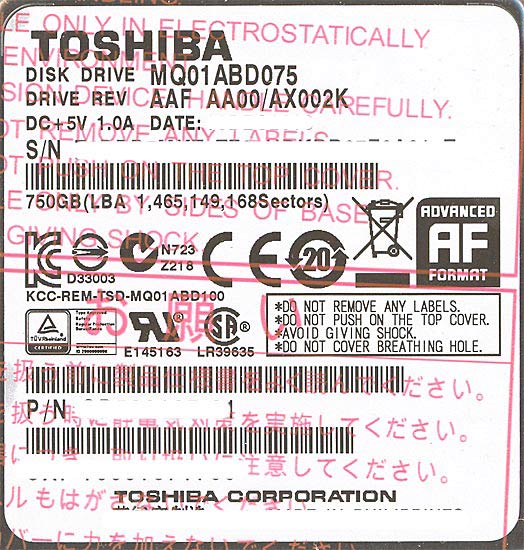 【中古】TOSHIBA(東芝) ノート用HDD 2.5inch　MQ01ABD075　750GB　4000〜5000時間以内
