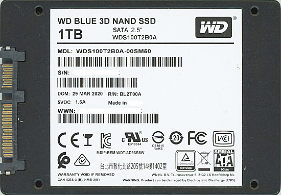 【中古】Western Digital製 SSD　WD Blue 3D NAND SATA WDS100T2B0A　0〜100時間以内