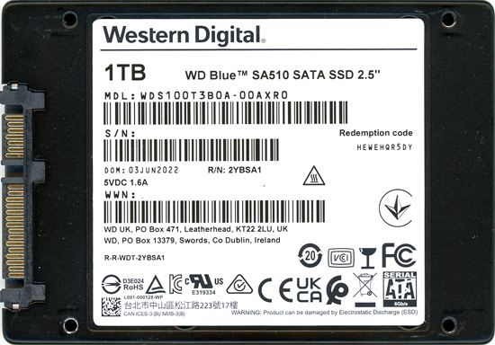 【中古】Western Digital SSD　WD Blue SA510 SATA WDS100T3B0A　1TB　500〜1000時間以内