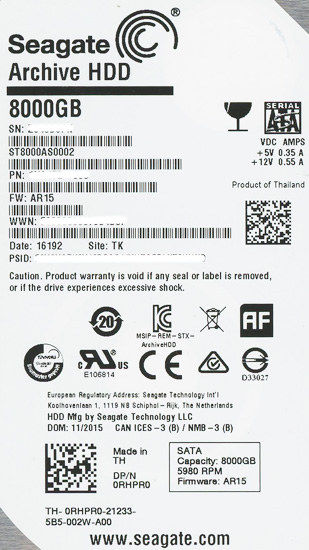 【中古】SEAGATE HDD　ST8000AS0002　8TB SATA600　3000〜4000時間以内