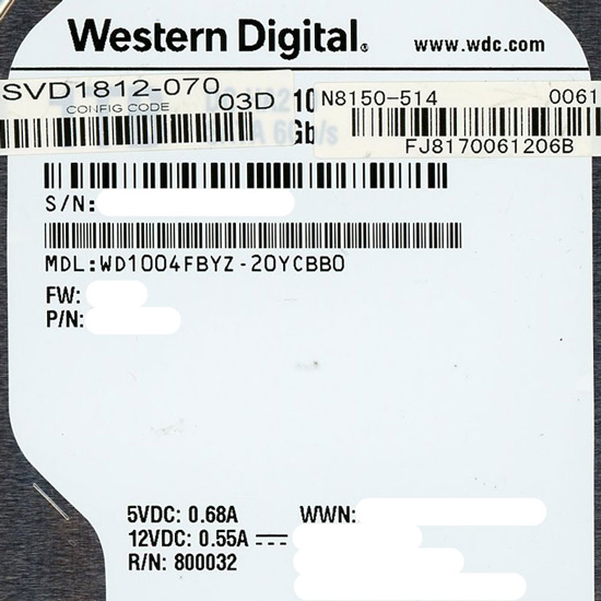【中古】Western Digital HDD　WD1004FBYZ　1TB SATA600 7200　5000〜6000時間以内
