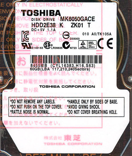 【中古】TOSHIBA(東芝) ノート用HDD 2.5inch　MK6050GACE　60GB　0〜100時間以内
