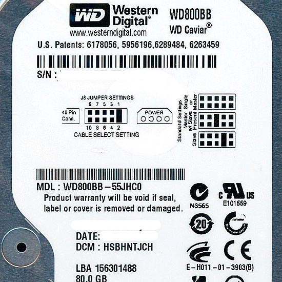【中古】Western Digital HDD　WD800BB　80GB U100 7200　0〜100時間以内