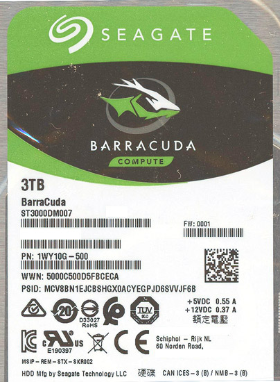 【中古】SEAGATE HDD　ST3000DM007　3TB SATA600　300〜400時間以内