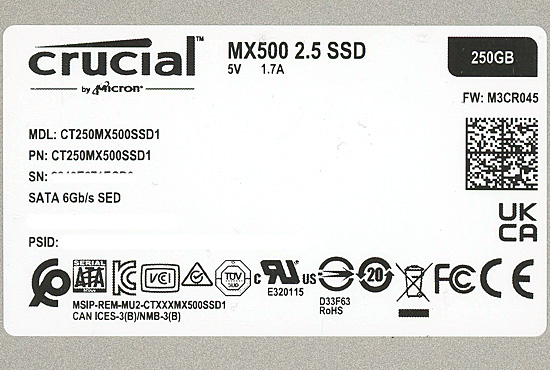 【中古】crucial　2.5インチ 内蔵型 SSD MX500 CT250MX500SSD1　250GB　1000〜2000時間以内