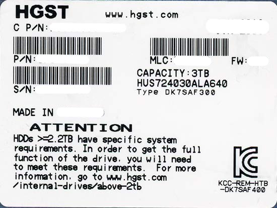 【中古】HGST HDD　HUS724030ALA640　3TB SATA600 7200　2000〜3000時間以内