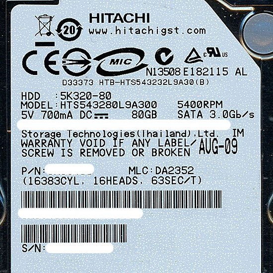 【中古】HITACHI ノート用HDD 2.5inch　HTS543280L9A300　80GB　0〜100時間以内