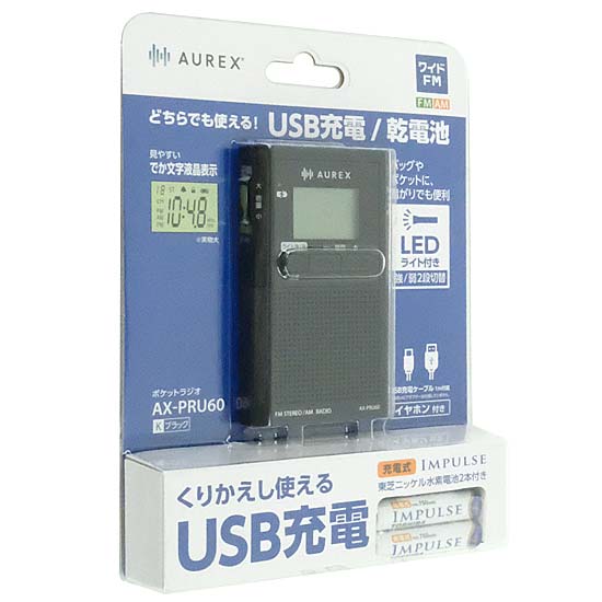 【新品】TOSHIBA　LEDライト付きポケットラジオ AUREX　AX-PRU60(K)　ブラック