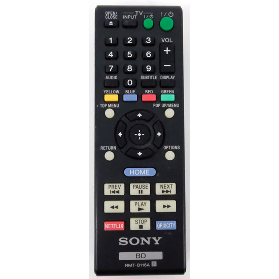 【中古】SONY　ブルーレイプレーヤー用 リモコン　RMT-B116A　電池カバーなし